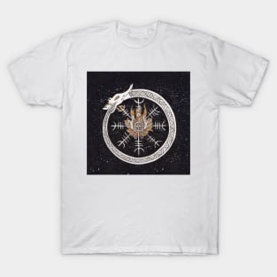 Loki Fire Aspect in the Circle of Jormungandr and the Helm of Awe. Victory and Sacrifice Symbols T-Shirt